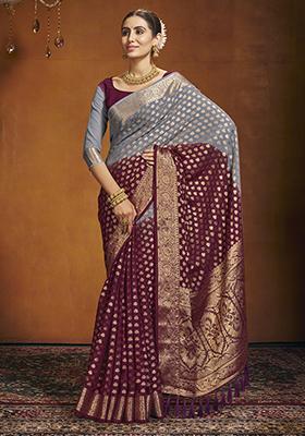 Maroon Zari Embroidered Georgette Saree Set