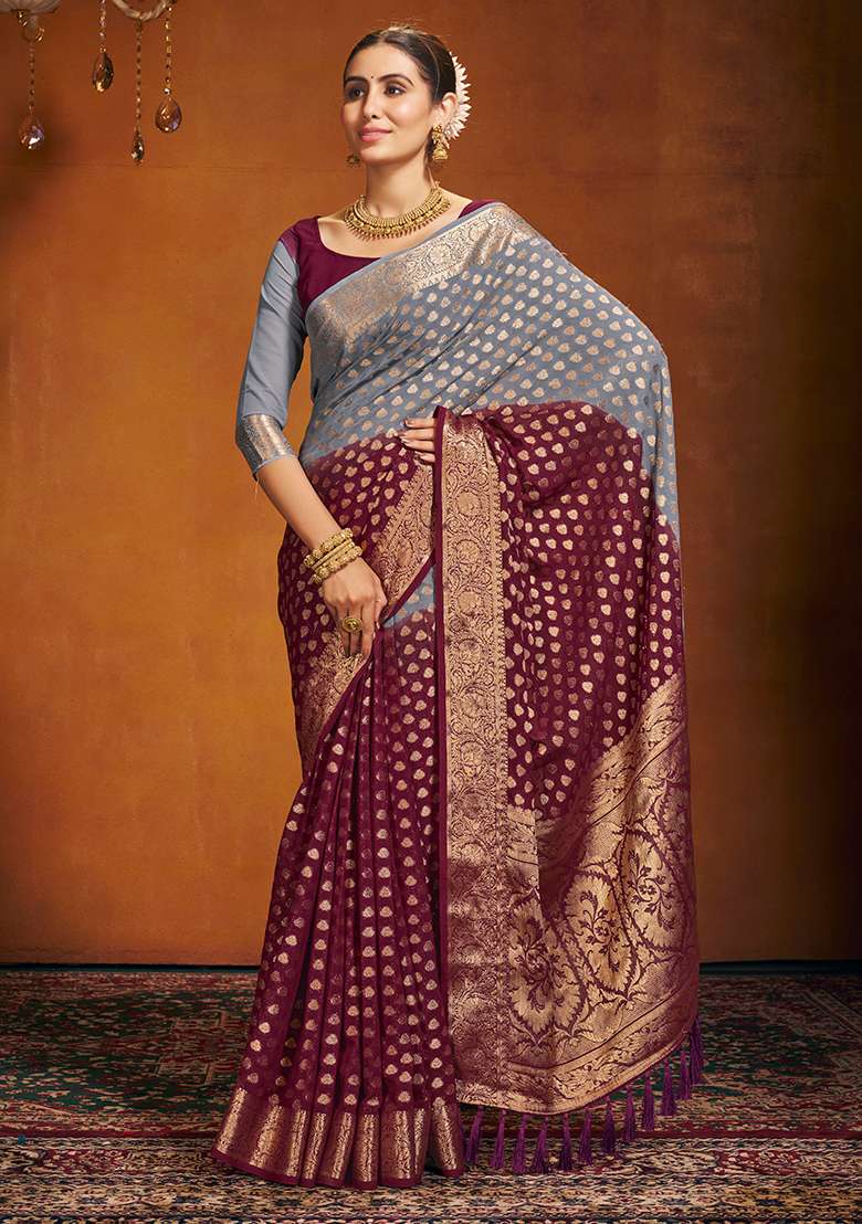 Maroon Zari Embroidered Georgette Saree Set - Indya