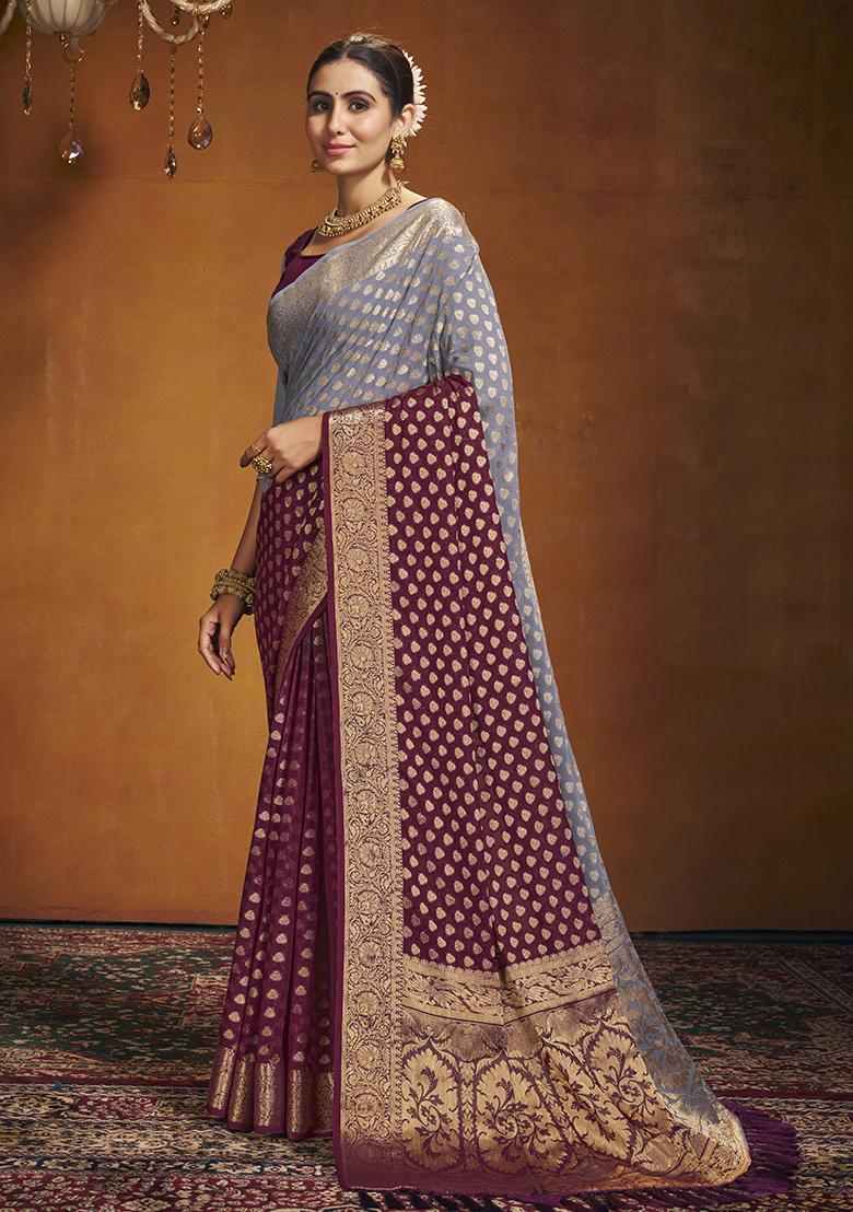 Maroon Zari Embroidered Georgette Saree Set