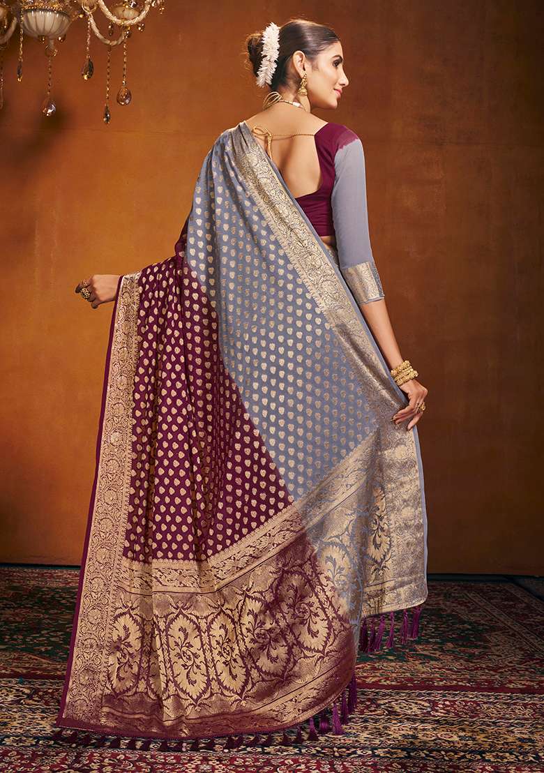 Maroon Zari Embroidered Georgette Saree Set - Indya