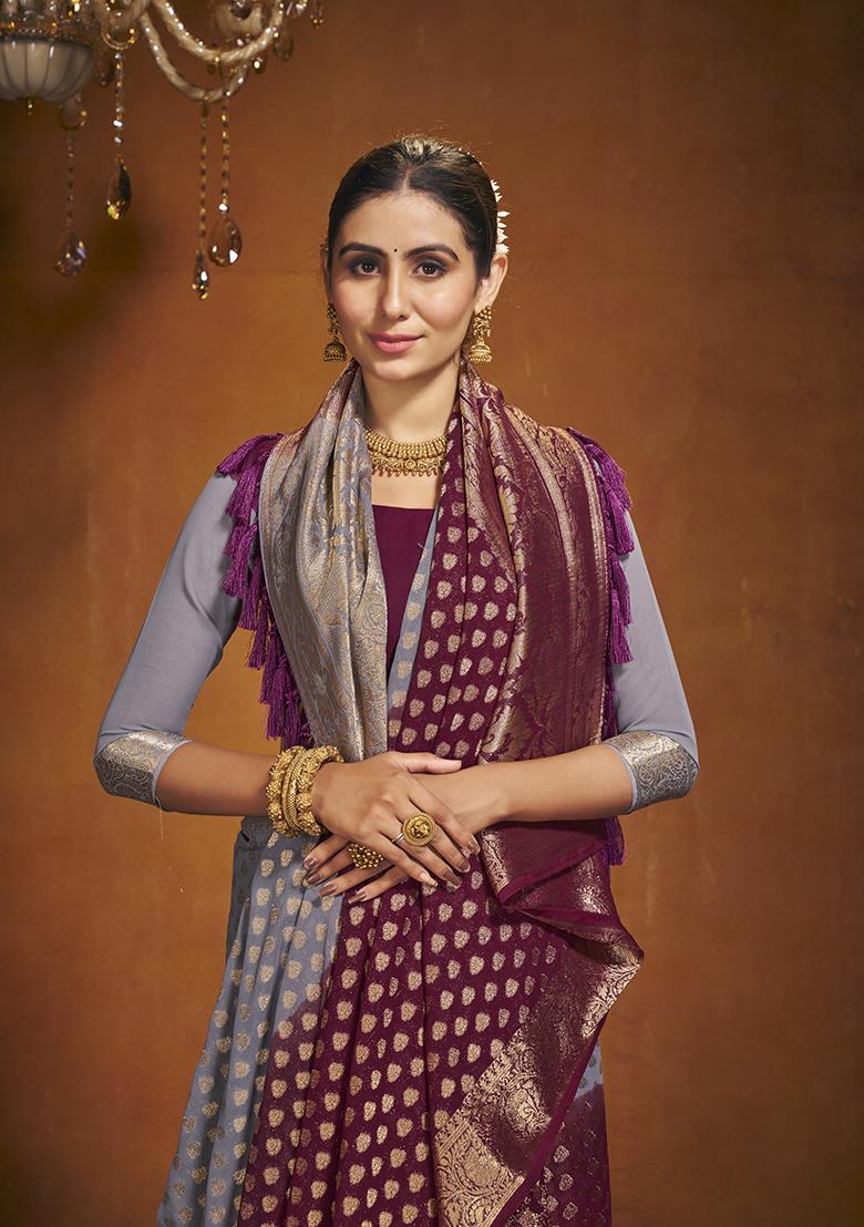 Maroon Zari Embroidered Georgette Saree Set