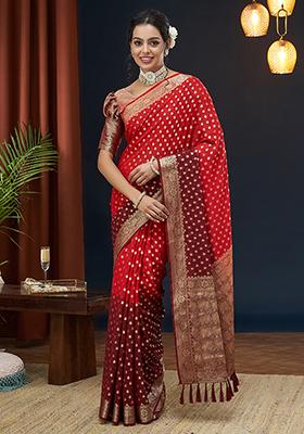 Red Zari Embroidered Georgette Saree Set