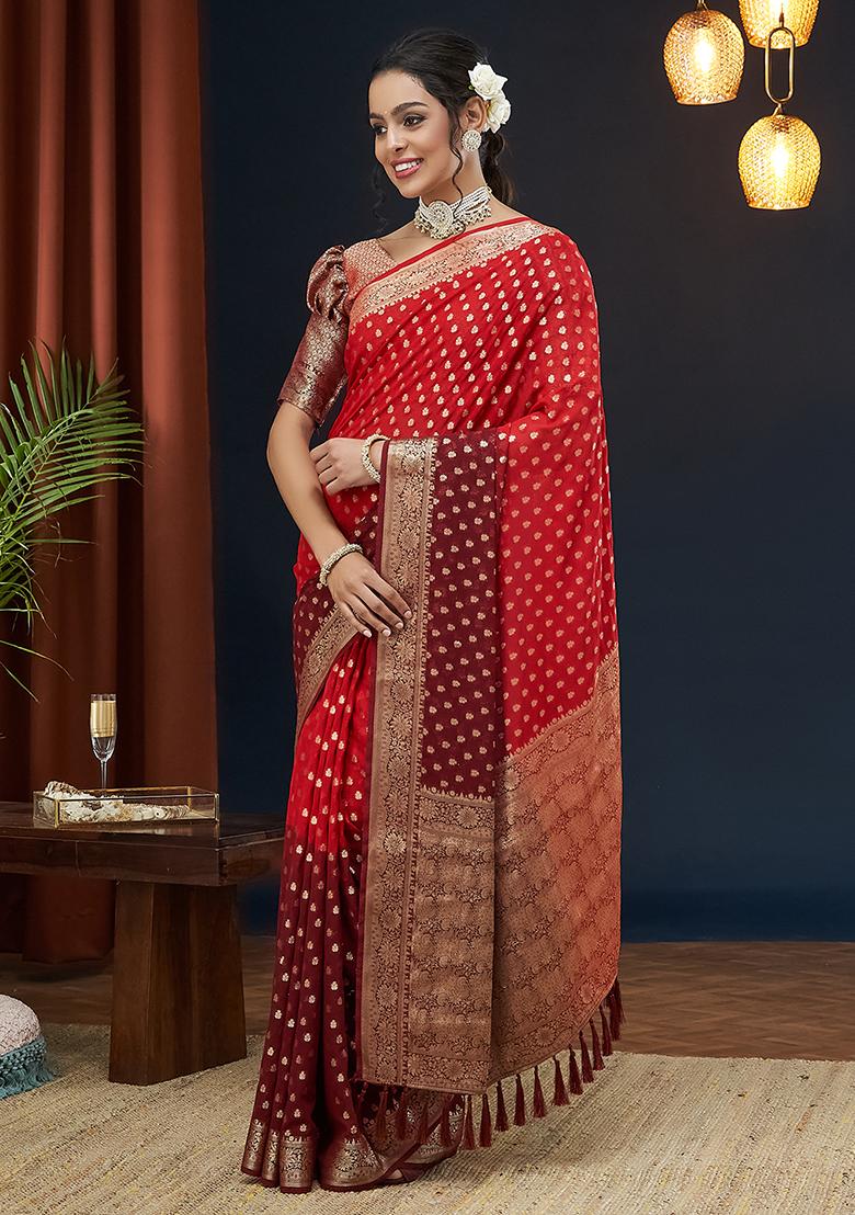 Red Zari Embroidered Georgette Saree Set