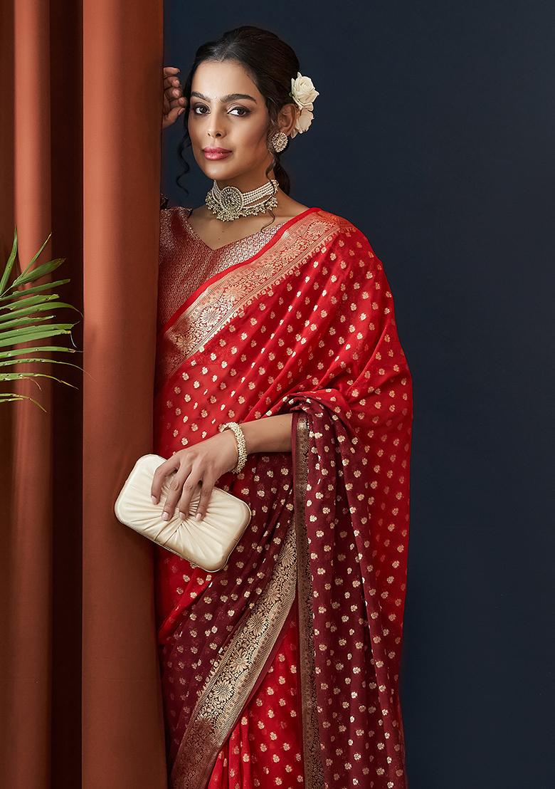 Red Zari Embroidered Georgette Saree Set