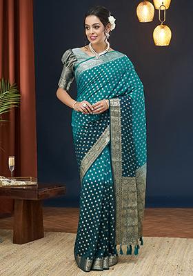 Blue Zari Embroidered Georgette Saree Set