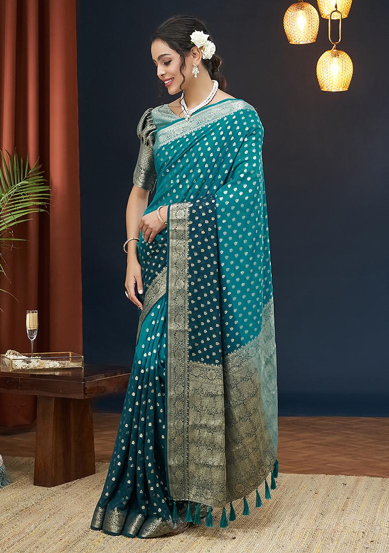 Blue Zari Embroidered Georgette Saree Set