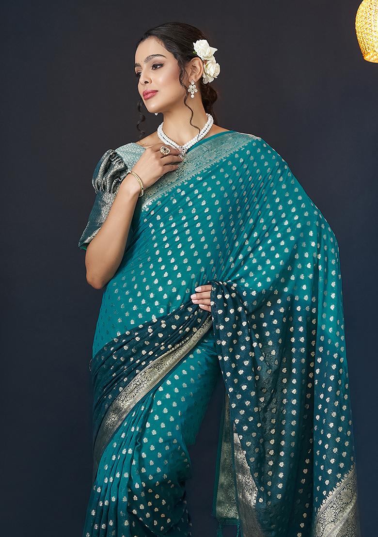 Blue Zari Embroidered Georgette Saree Set