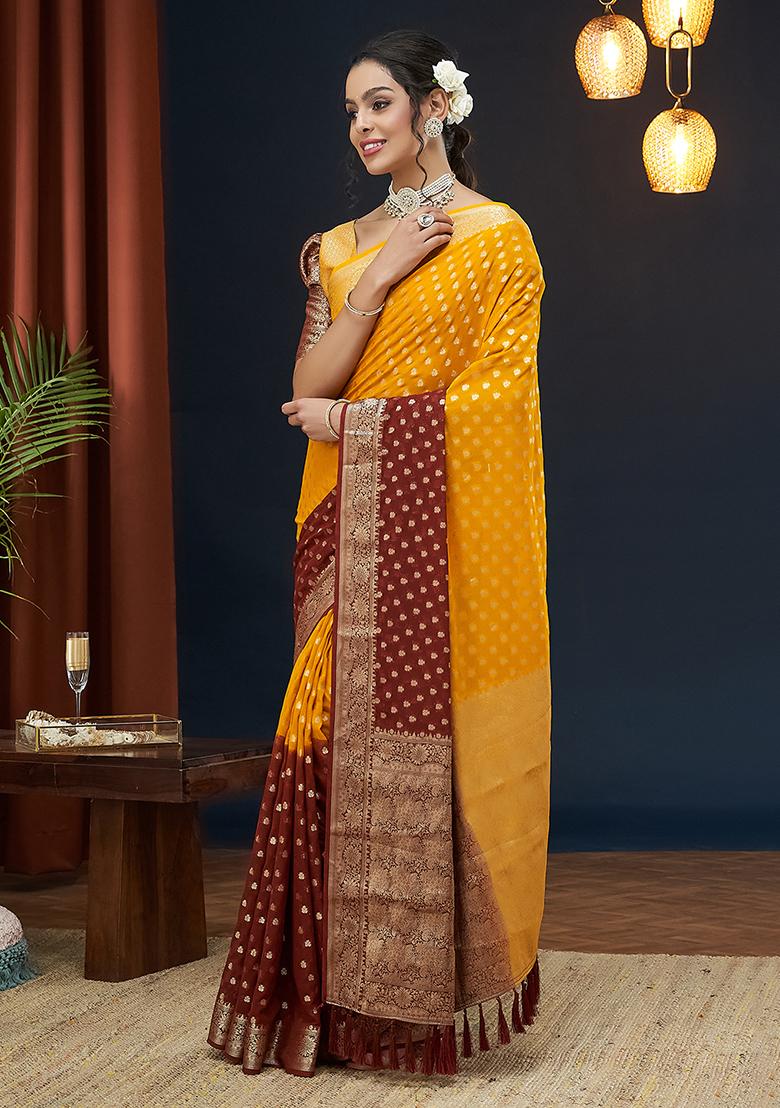 Yellow Zari Embroidered Georgette Saree Set