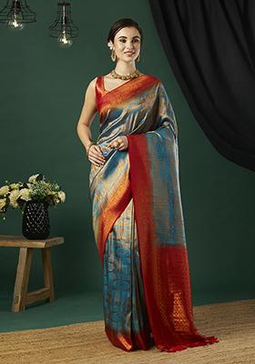 Aqua Blue Zari Work Kanjeevaram Silk Saree Set