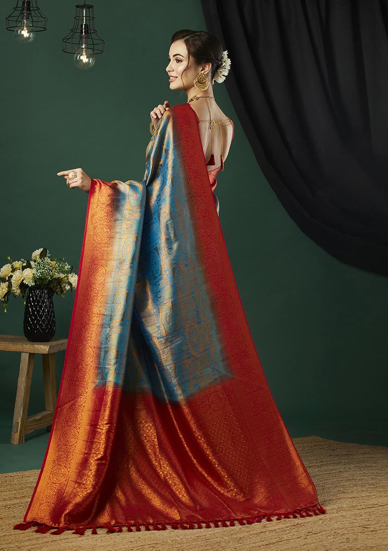 Aqua Blue Zari Work Kanjeevaram Silk Saree Set