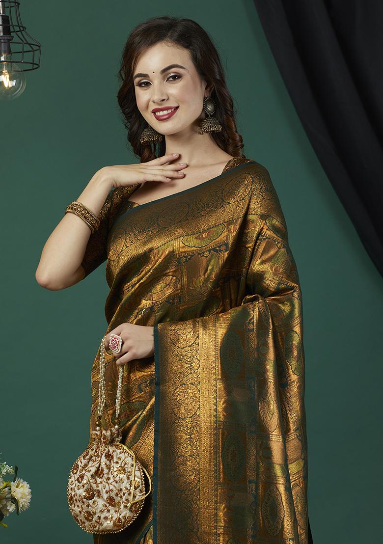 Bottle Green Zari Work Kanjeevaram Silk Saree Set