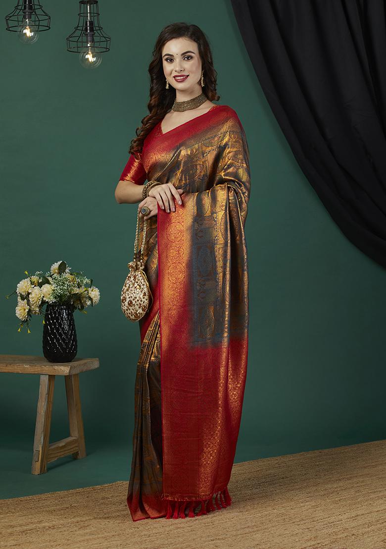 Grey Zari Work Kanjeevaram Silk Saree Set