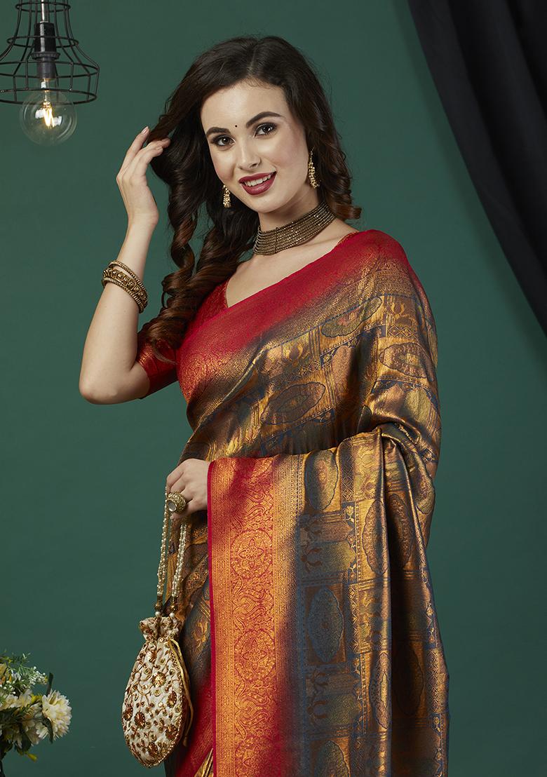 Grey Zari Work Kanjeevaram Silk Saree Set
