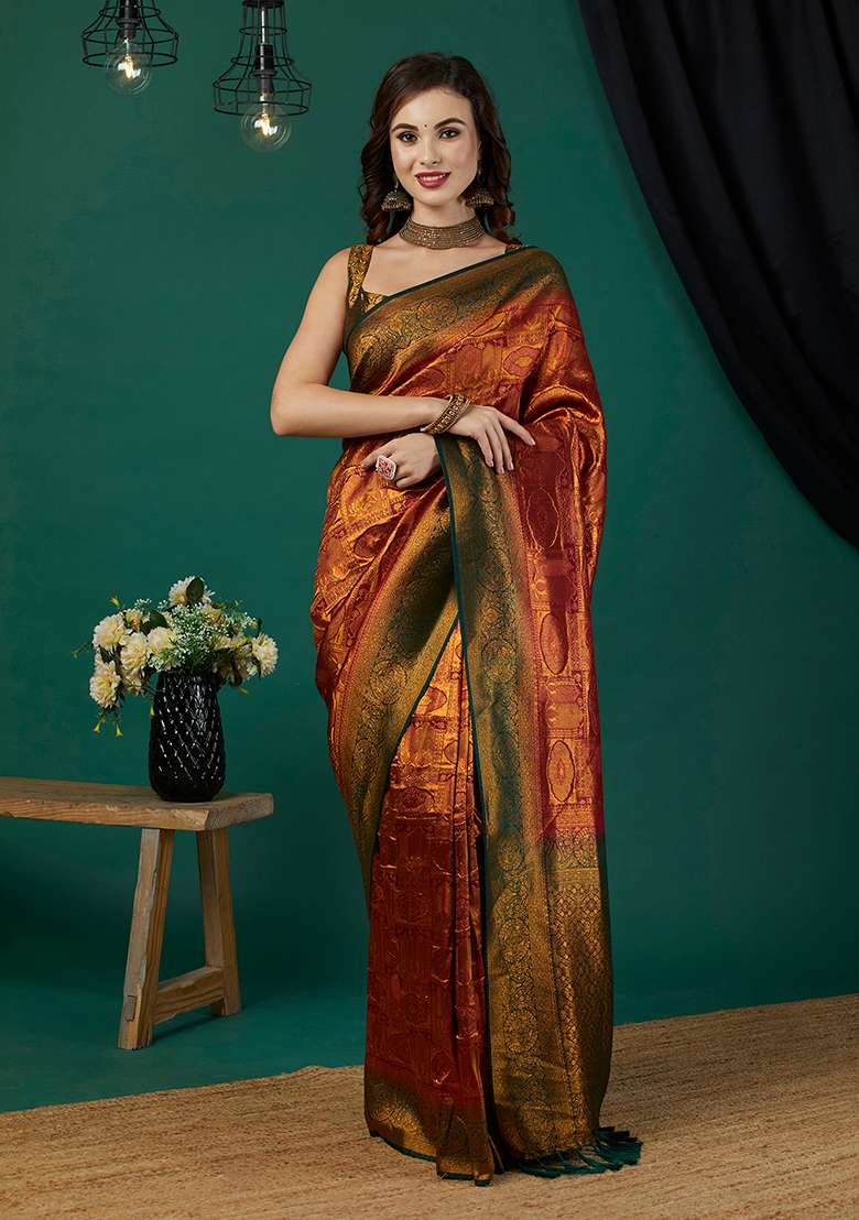 Maroon Zari Work Kanjeevaram Silk Saree Set - Indya