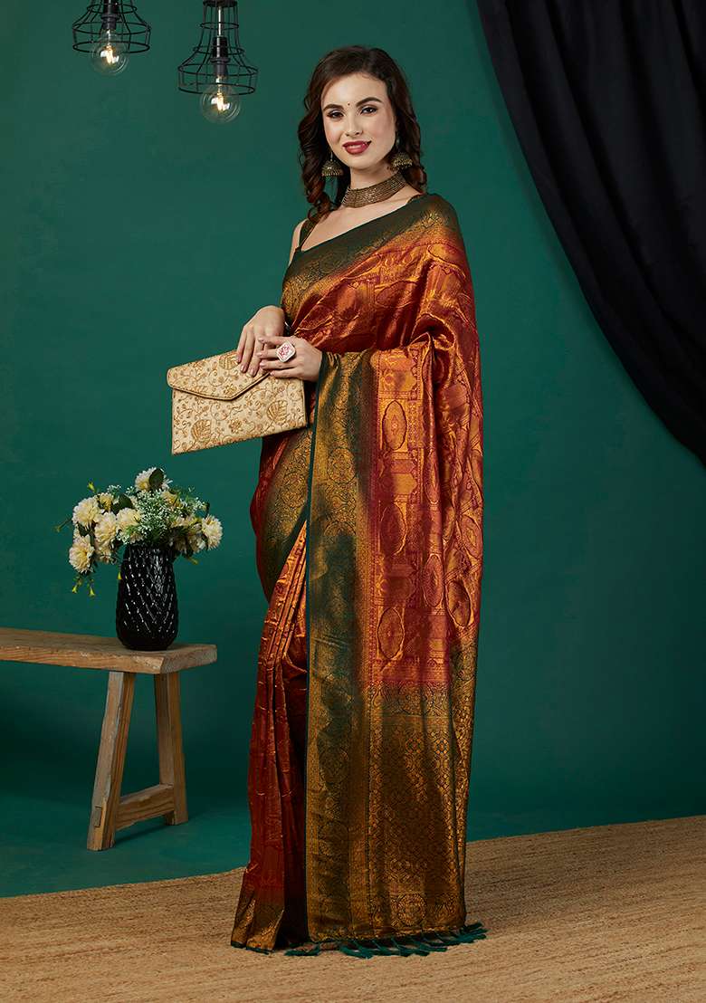 Maroon Zari Work Kanjeevaram Silk Saree Set - Indya