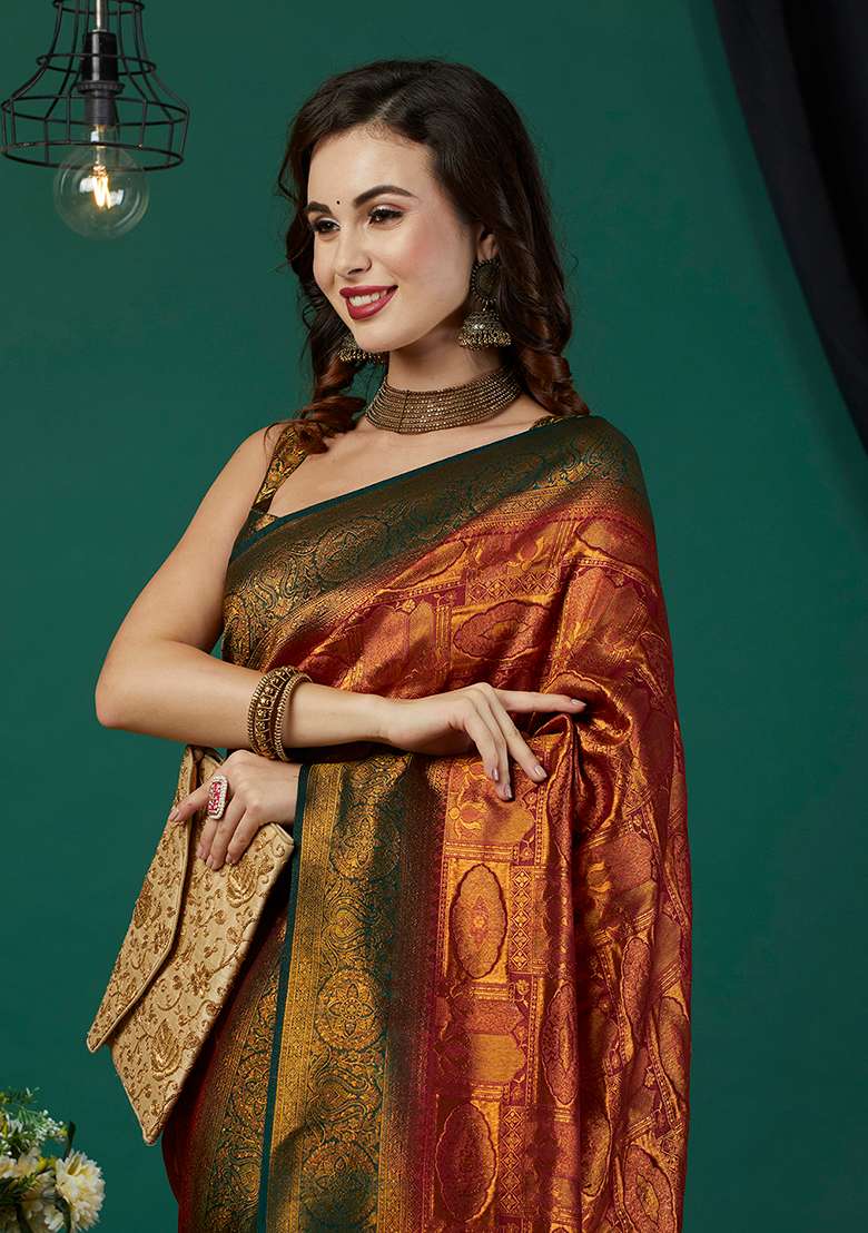 Maroon Zari Work Kanjeevaram Silk Saree Set - Indya