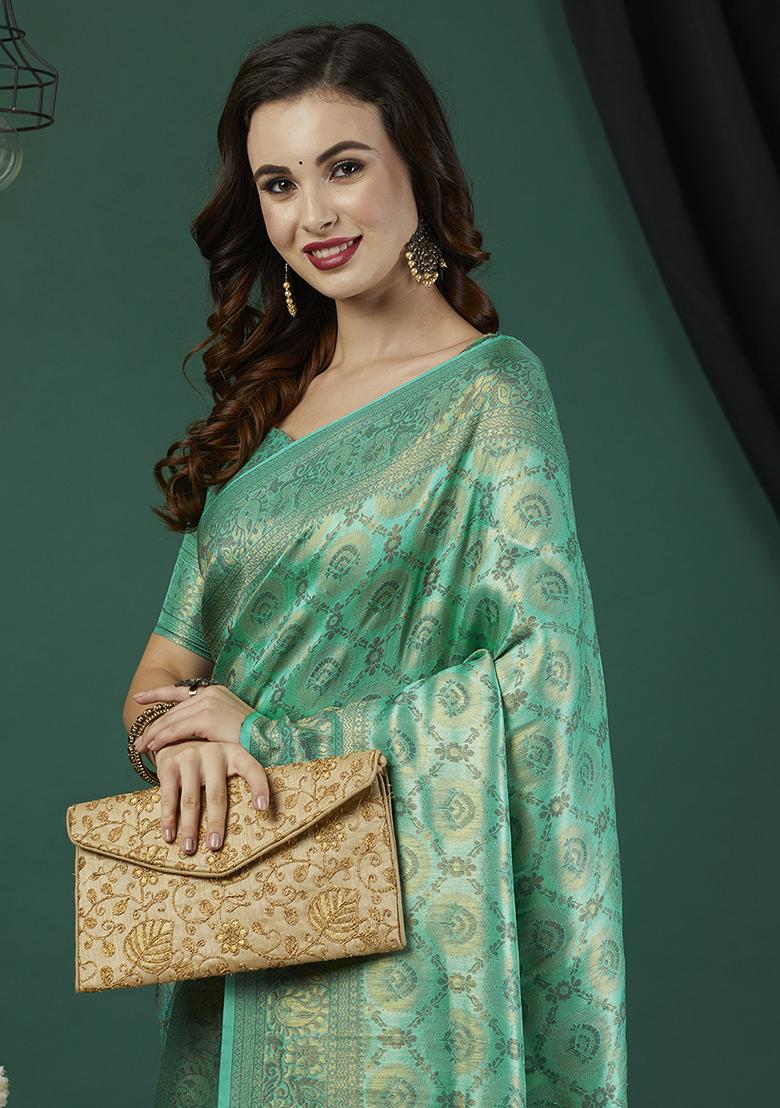 Aqua Blue Zari Embroidered Kanjeevaram Silk Saree Set