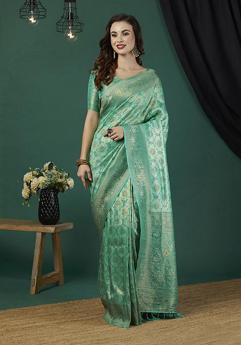 Aqua Blue Zari Embroidered Kanjeevaram Silk Saree Set