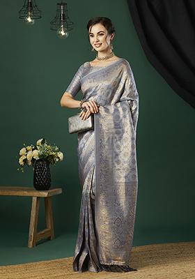 Grey Zari Embroidered Kanjeevaram Silk Saree Set