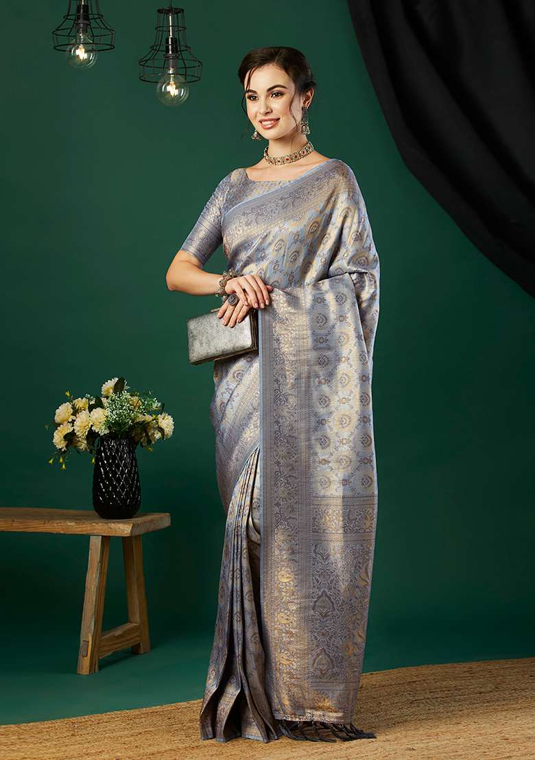 Grey Zari Embroidered Kanjeevaram Silk Saree Set - Indya