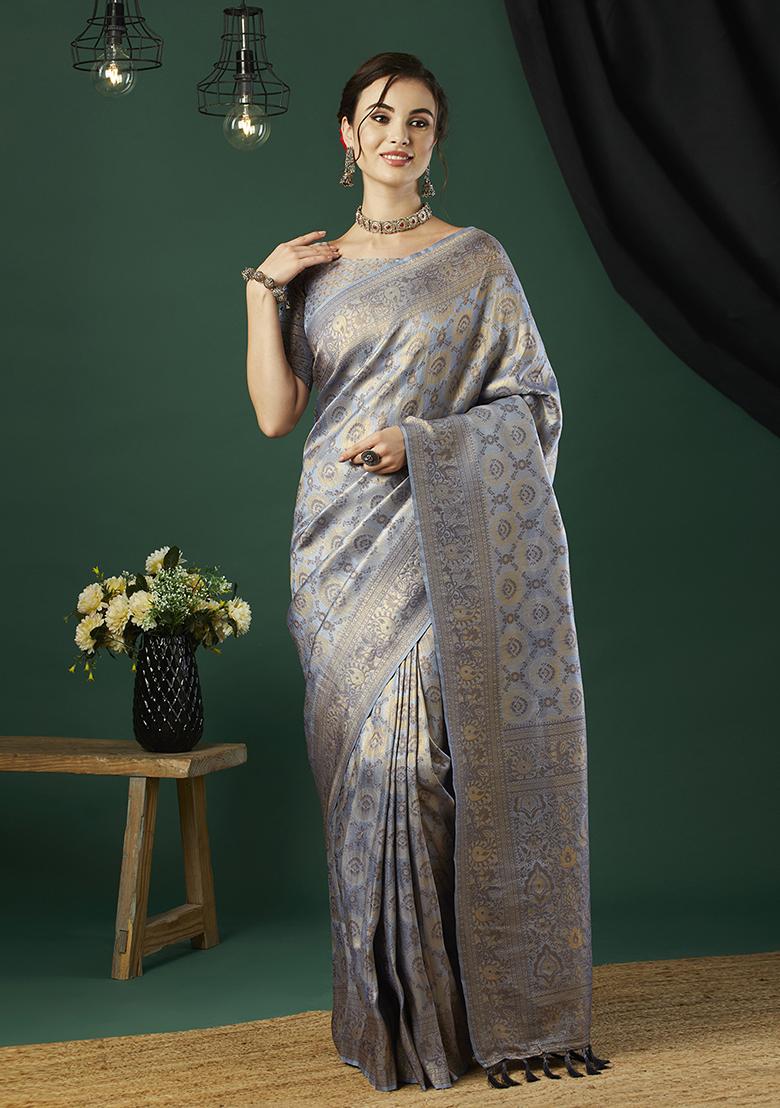Grey Zari Embroidered Kanjeevaram Silk Saree Set