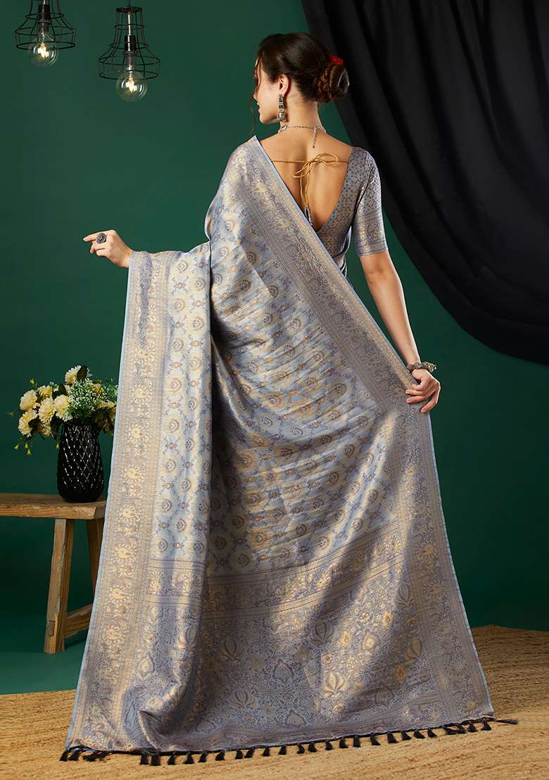 Grey Zari Embroidered Kanjeevaram Silk Saree Set - Indya