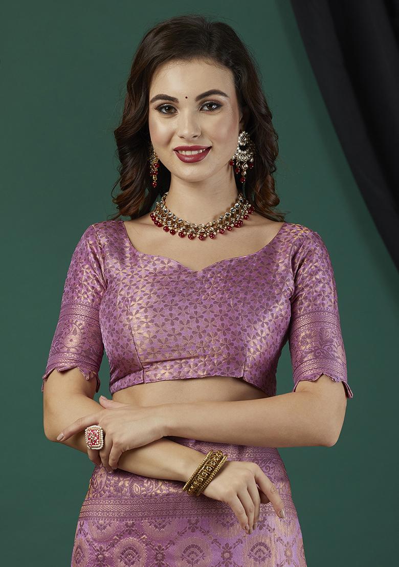 Lavender Zari Embroidered Kanjeevaram Silk Saree Set