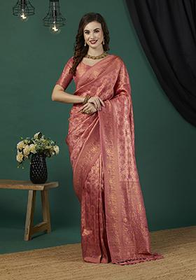 Peach Zari Embroidered Kanjeevaram Silk Saree Set