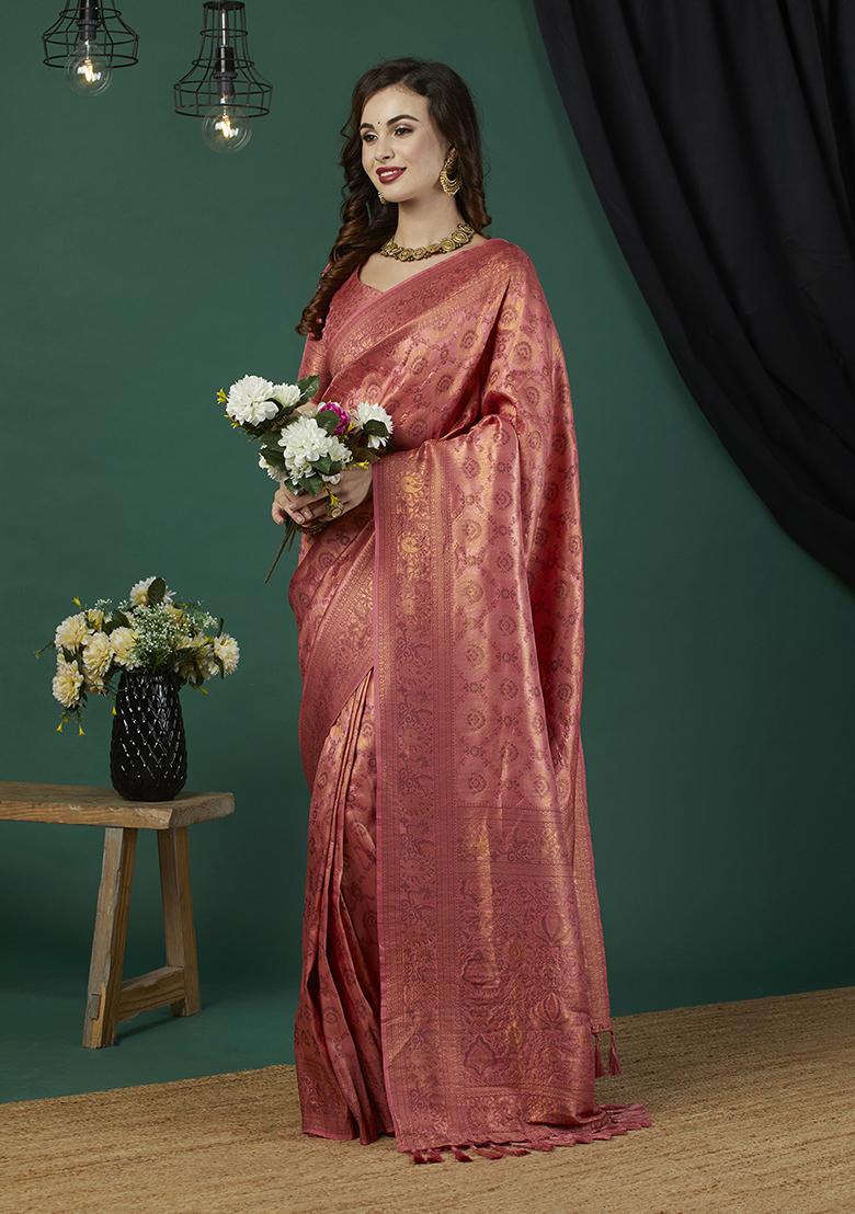 Peach Zari Embroidered Kanjeevaram Silk Saree Set