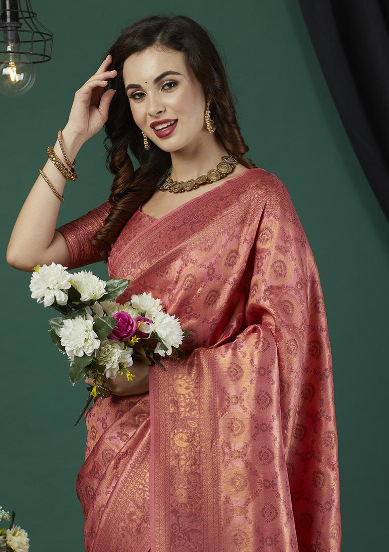 Peach Zari Embroidered Kanjeevaram Silk Saree Set