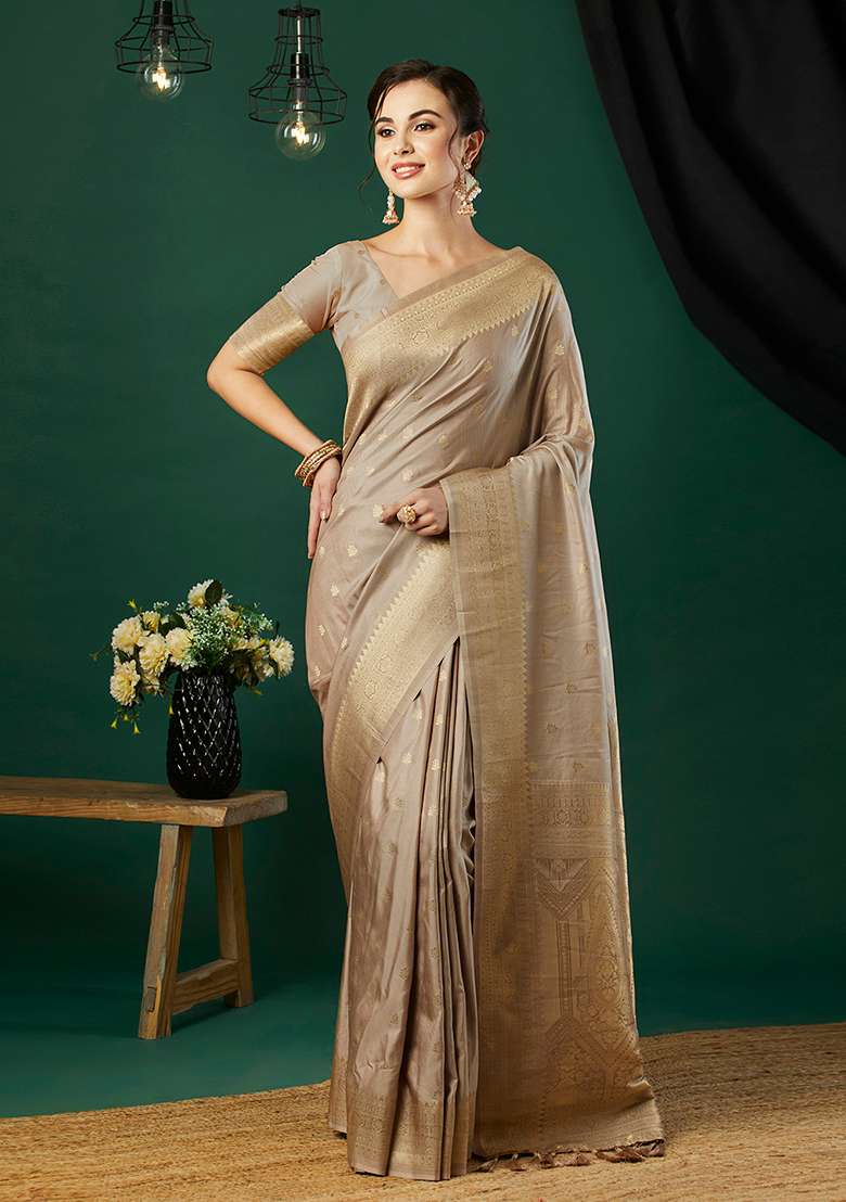Grey Zari Embroidered Banarasi Silk Saree Set - Indya