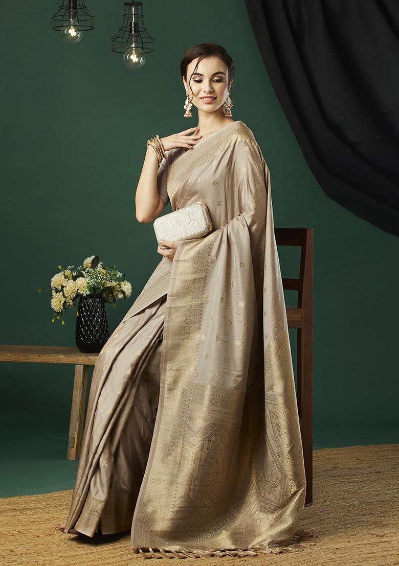 Grey Zari Embroidered Banarasi Silk Saree Set