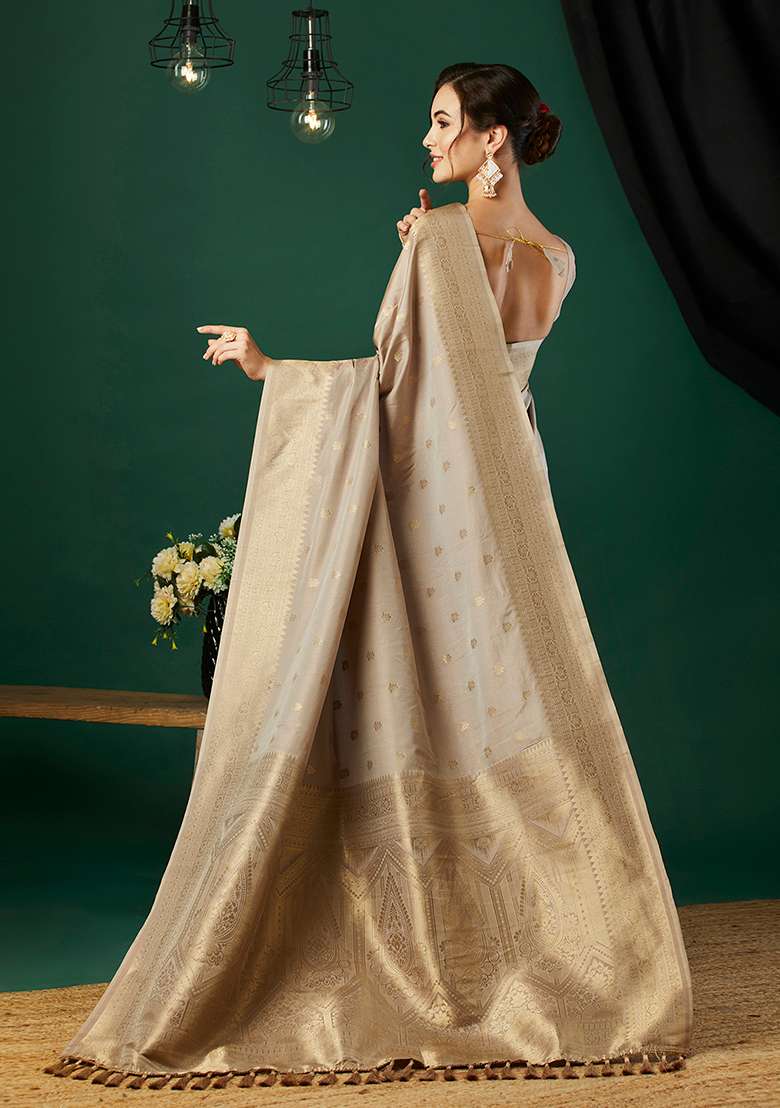 Grey Zari Embroidered Banarasi Silk Saree Set - Indya