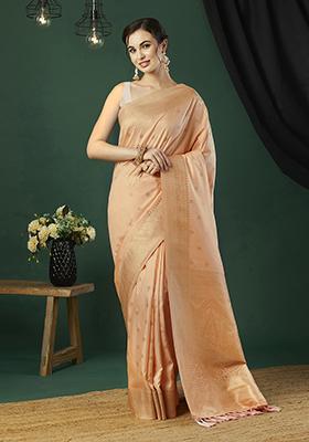 Peach Zari Embroidered Banarasi Silk Saree Set