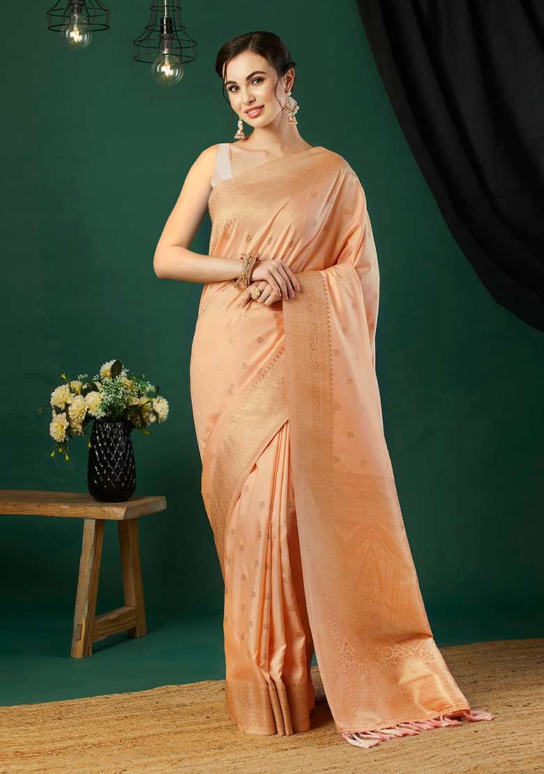Peach Zari Embroidered Banarasi Silk Saree Set - Indya