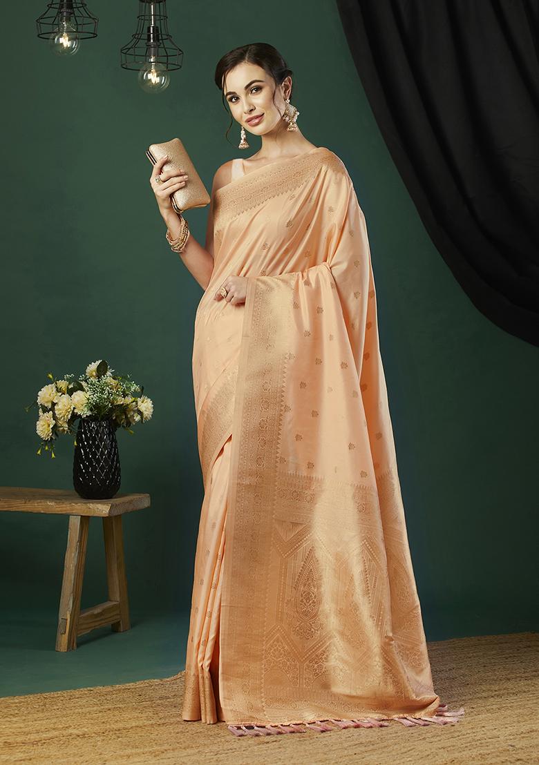 Peach Zari Embroidered Banarasi Silk Saree Set