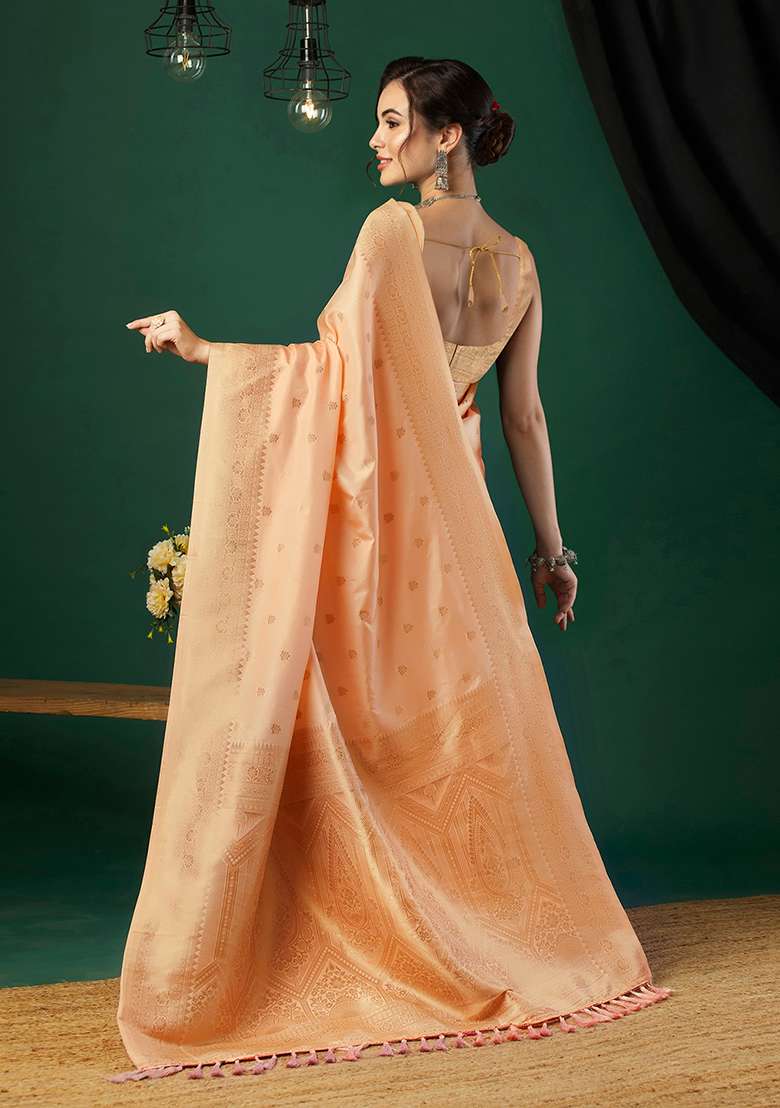 Peach Zari Embroidered Banarasi Silk Saree Set - Indya