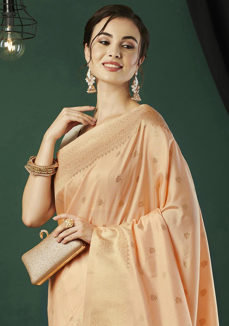 Peach Zari Embroidered Banarasi Silk Saree Set