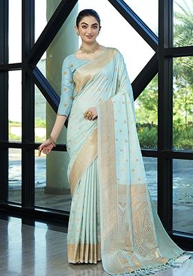 Aqua Blue Zari Embroidered Banarasi Silk Saree Set