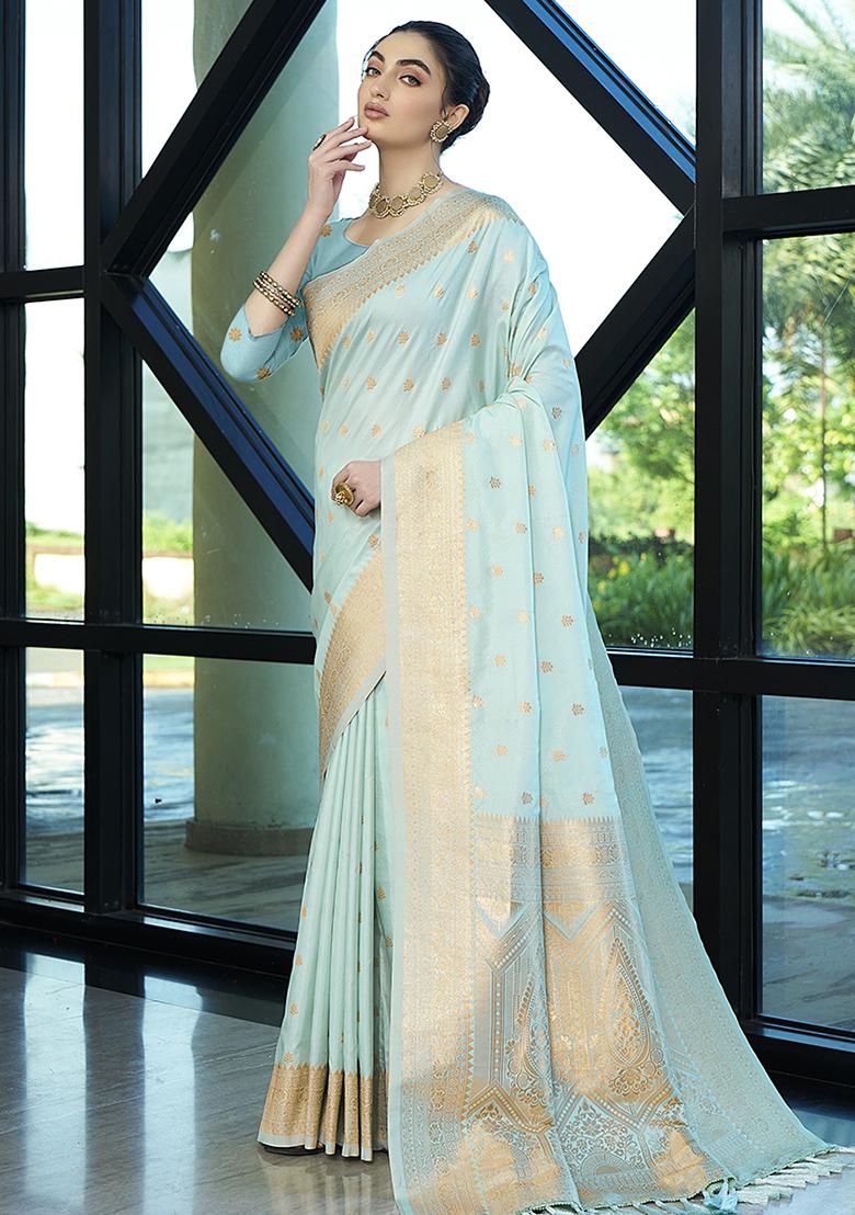 Aqua Blue Zari Embroidered Banarasi Silk Saree Set