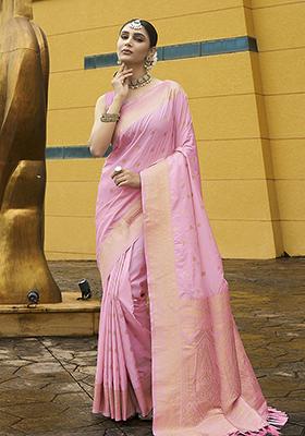 Pink Zari Embroidered Banarasi Silk Saree Set