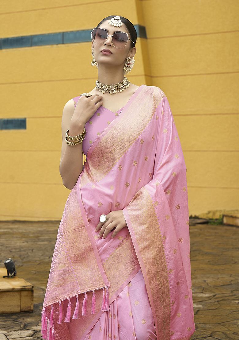 Pink Zari Embroidered Banarasi Silk Saree Set