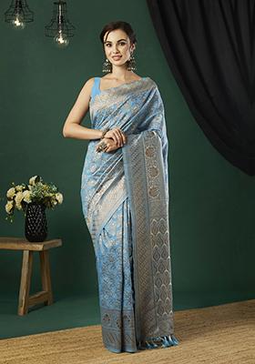 Aqua Blue Zari Embroidered Linen Saree Set