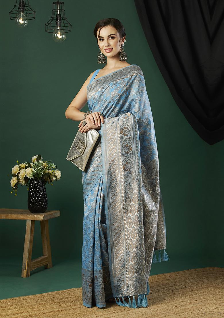 Aqua Blue Zari Embroidered Linen Saree Set