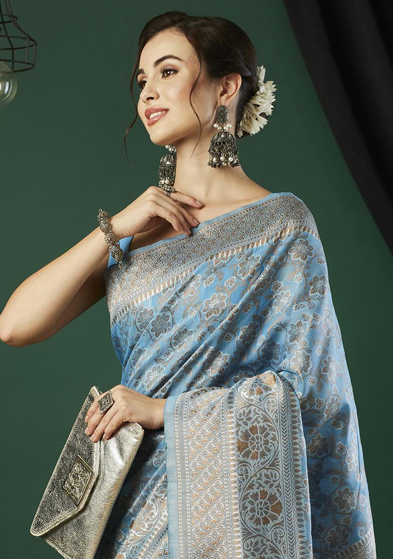 Aqua Blue Zari Embroidered Linen Saree Set