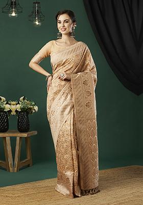 Chiku Brown Zari Embroidered Linen Saree Set