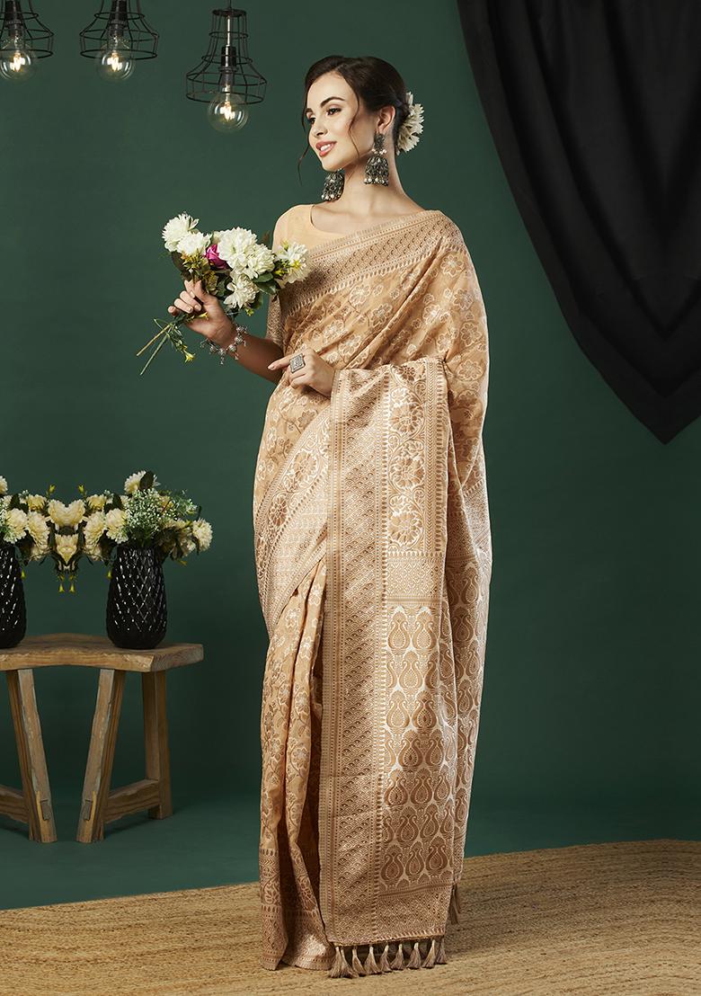 Chiku Brown Zari Embroidered Linen Saree Set