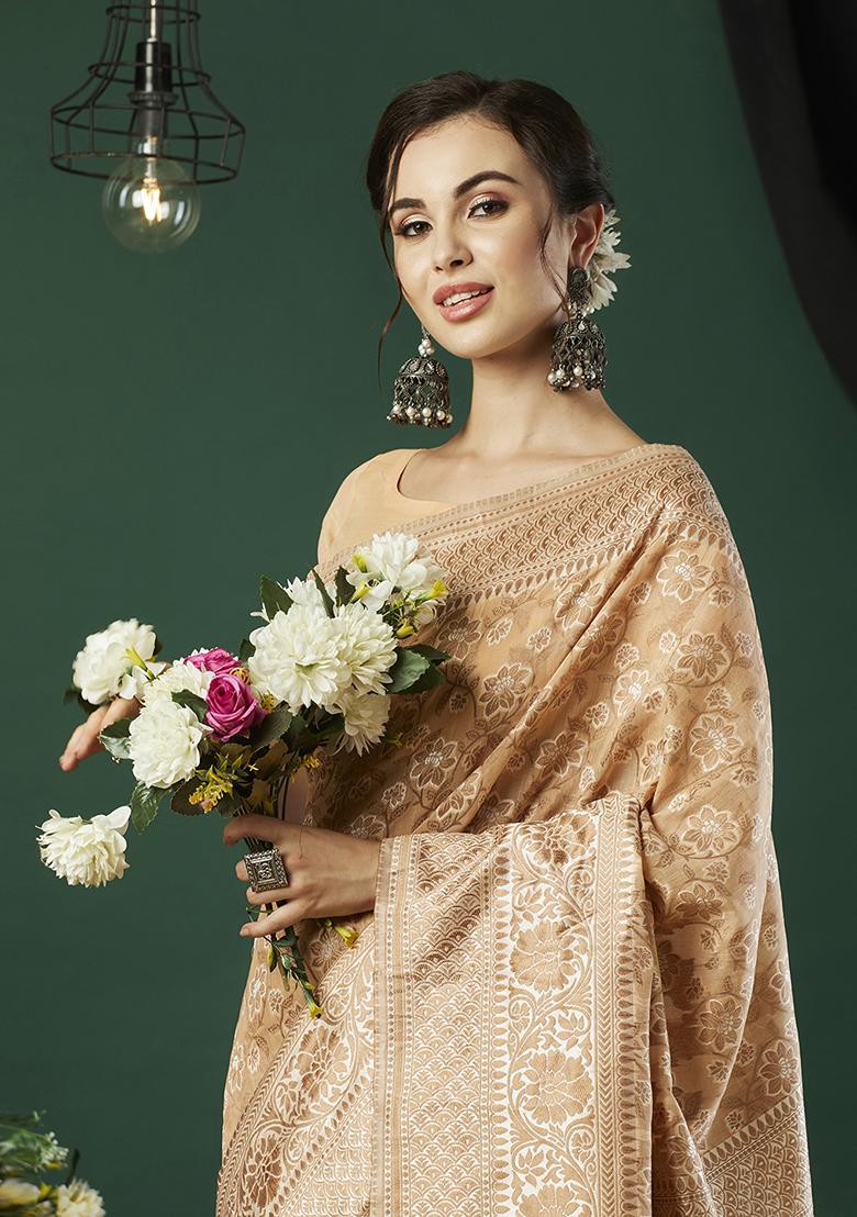 Chiku Brown Zari Embroidered Linen Saree Set