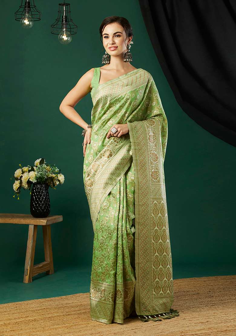 Green Zari Embroidered Linen Saree Set - Indya