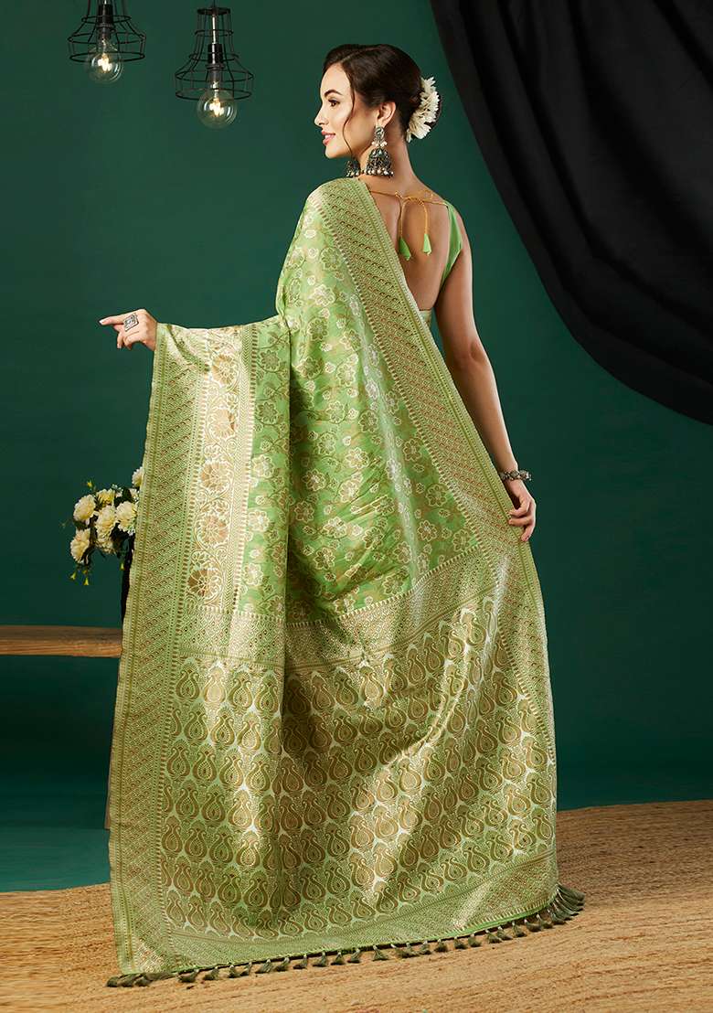 Green Zari Embroidered Linen Saree Set - Indya